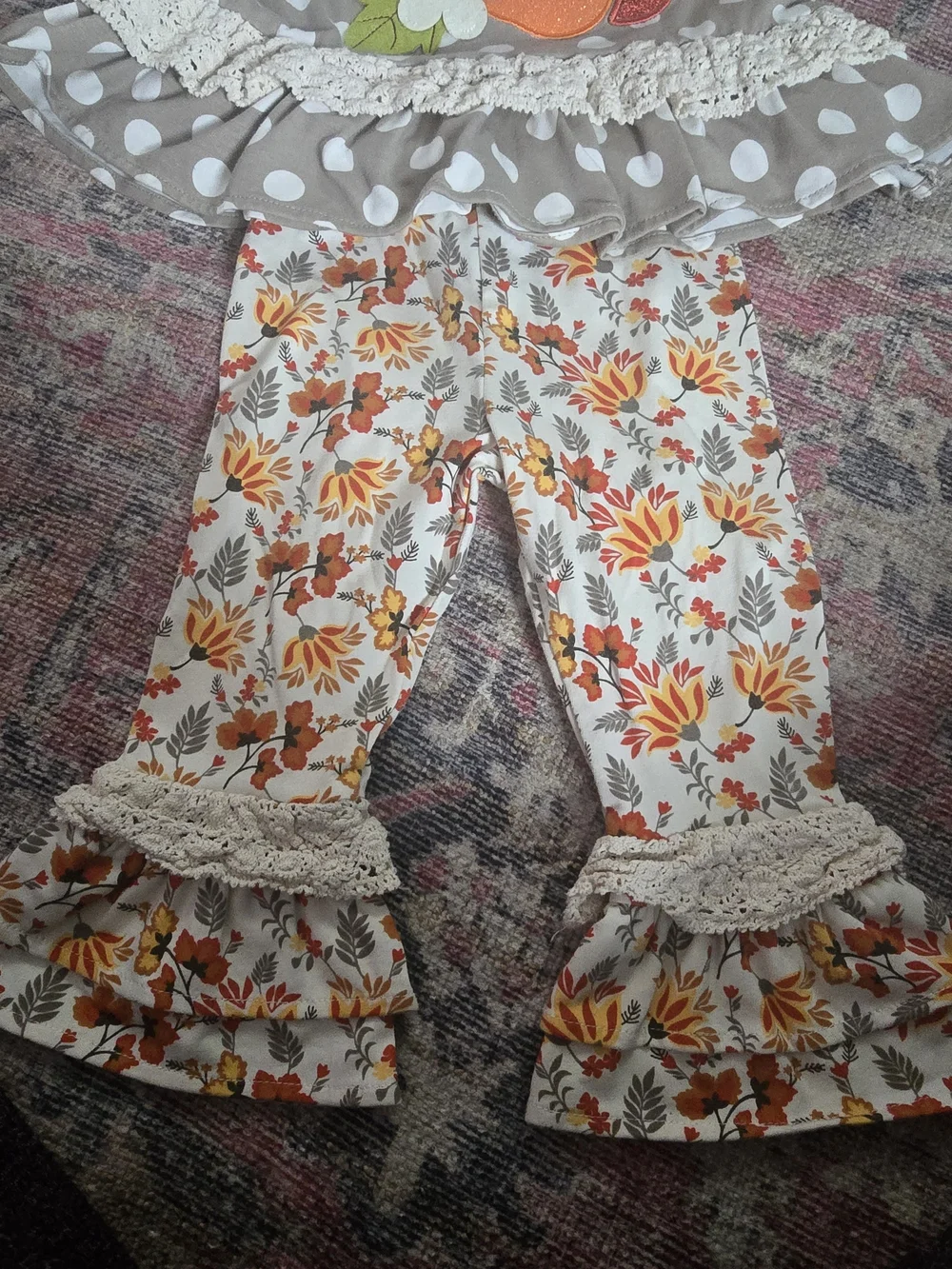 Rare Editions Taupe Polka Dot Pumpkin Top & Autumn Floral Ruffle Pants 18M